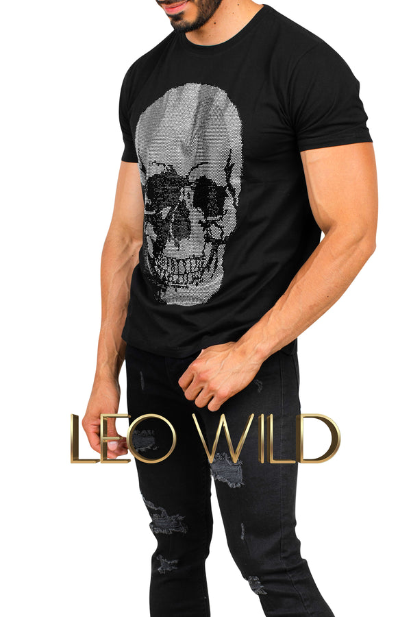 Men's Rhinestone Top: Black Shiny Skull T-Shirt for Men