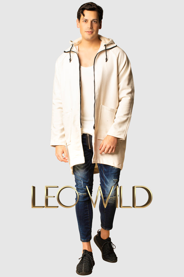 Men's Long Hooded Cardigan : White Full Zip Sweater for Men :  best mens full zip sweater : mens cardigan long : Streetwear cardigan