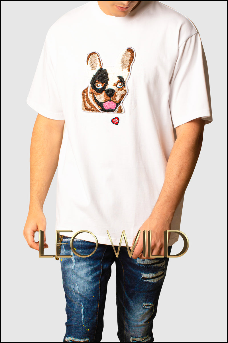 Men's White Designer T-shirt with French Bulldog Embroidered -French Bulldog lover - French Bulldog Tee - French Bulldog T-shirt- Designer White T-shirt - Classic Luxury T-shirt - High End T-shirt for Men - Embroidered T-shirt for Men - Cool & Classy Menswear 