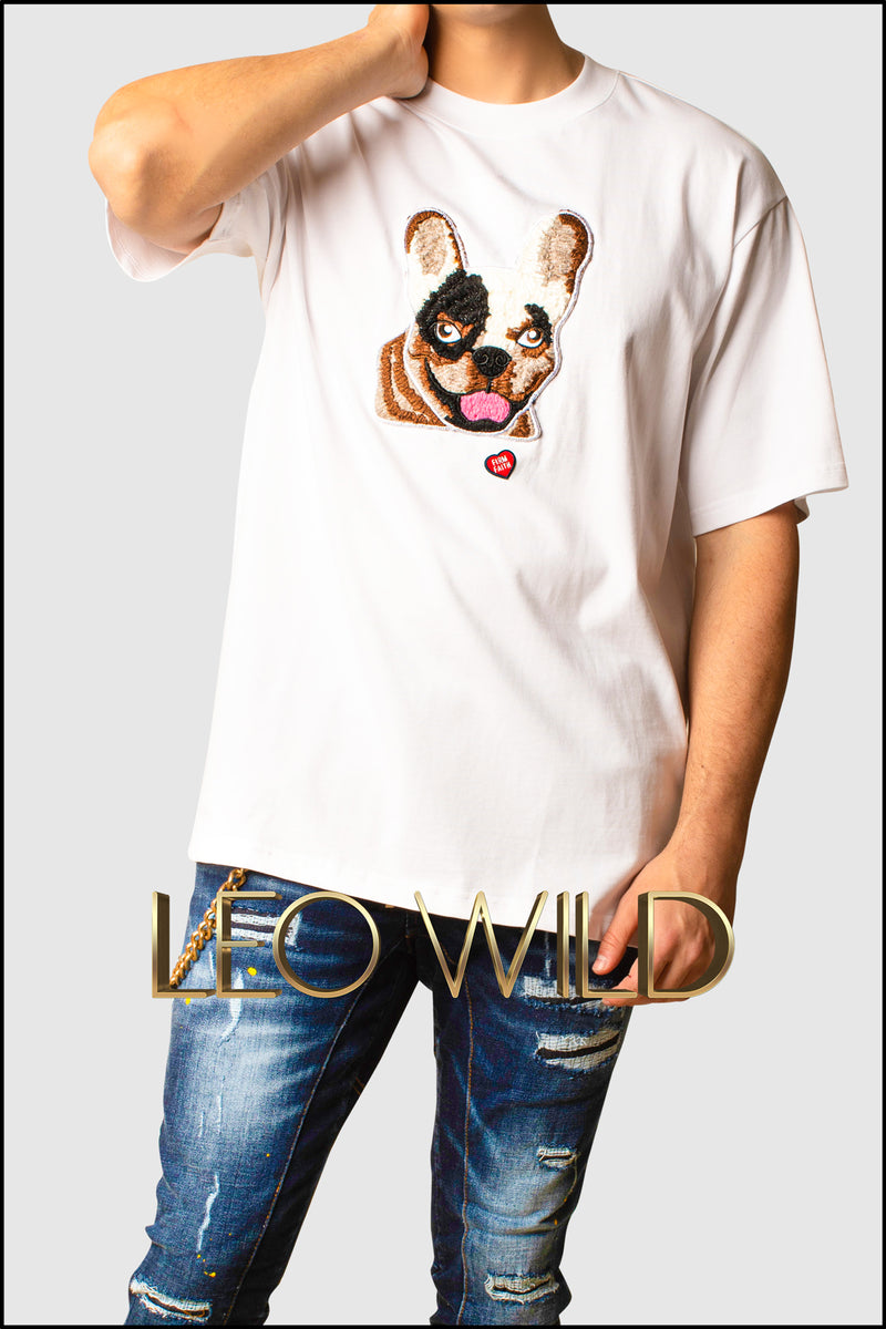 Men's White Designer T-shirt with French Bulldog Embroidered -French Bulldog lover - French Bulldog Tee - French Bulldog T-shirt- Designer White T-shirt - Classic Luxury T-shirt - High End T-shirt for Men - Embroidered T-shirt for Men - Cool & Classy Menswear 