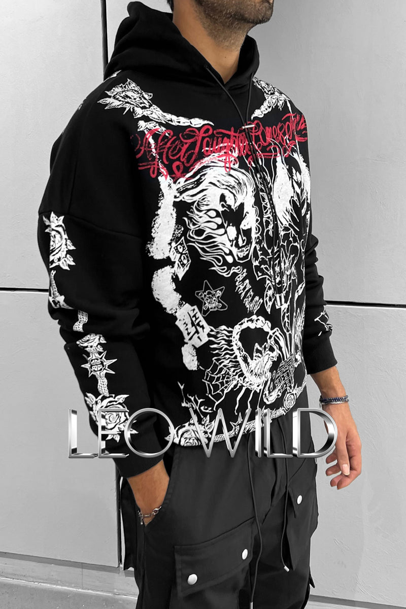 Black Graphic Hoodie for Men: Oversized Printed Men's Sweatshirt