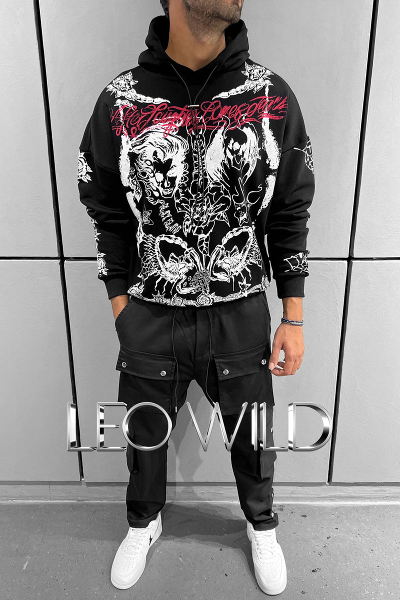 Black Graphic Hoodie for Men: Oversized Printed Men's Sweatshirt