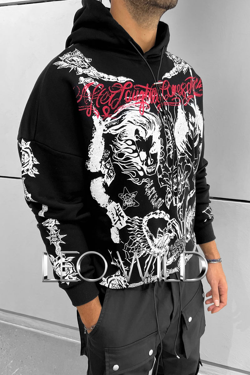 Black Graphic Hoodie for Men: Oversized Printed Men's Sweatshirt