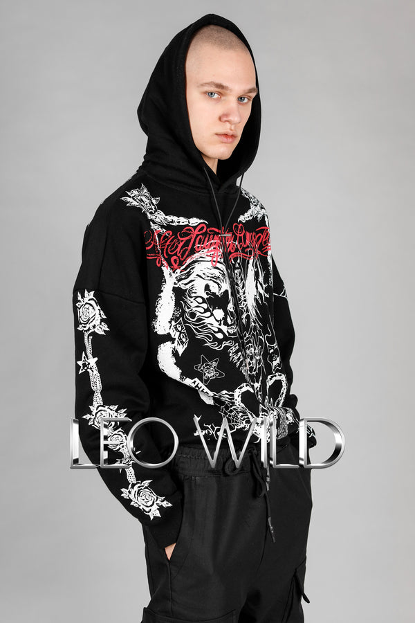 Black Graphic Hoodie for Men: Oversized Printed Men's Sweatshirt