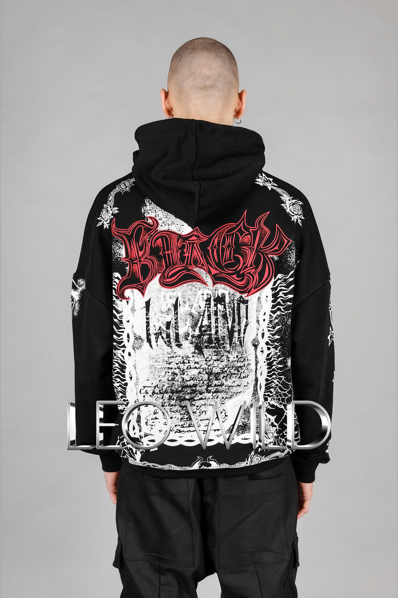 Black Graphic Hoodie for Men: Oversized Printed Men's Sweatshirt