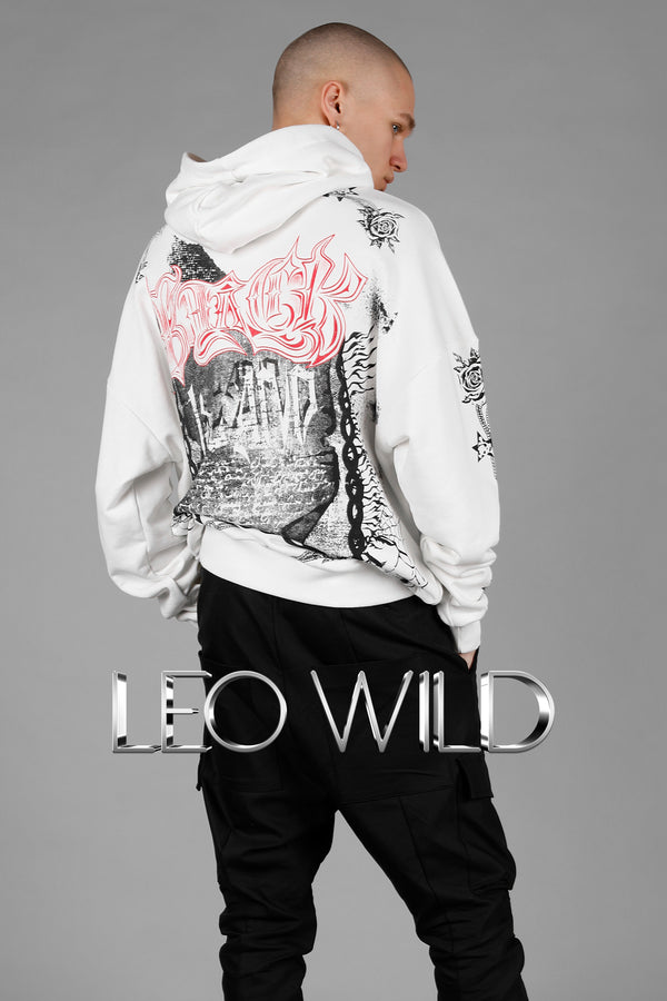 White Graphic Hoodie for Men: Oversized Printed Men's Sweatshirt