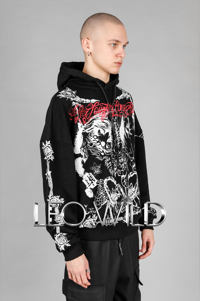 Black Graphic Hoodie for Men: Oversized Printed Men's Sweatshirt