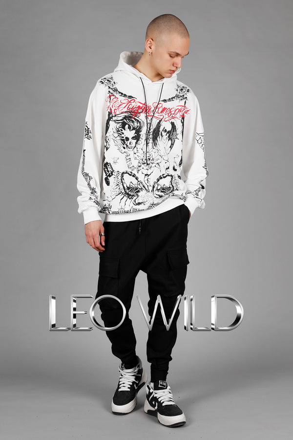 White Graphic Hoodie for Men: Oversized Printed Men's Sweatshirt