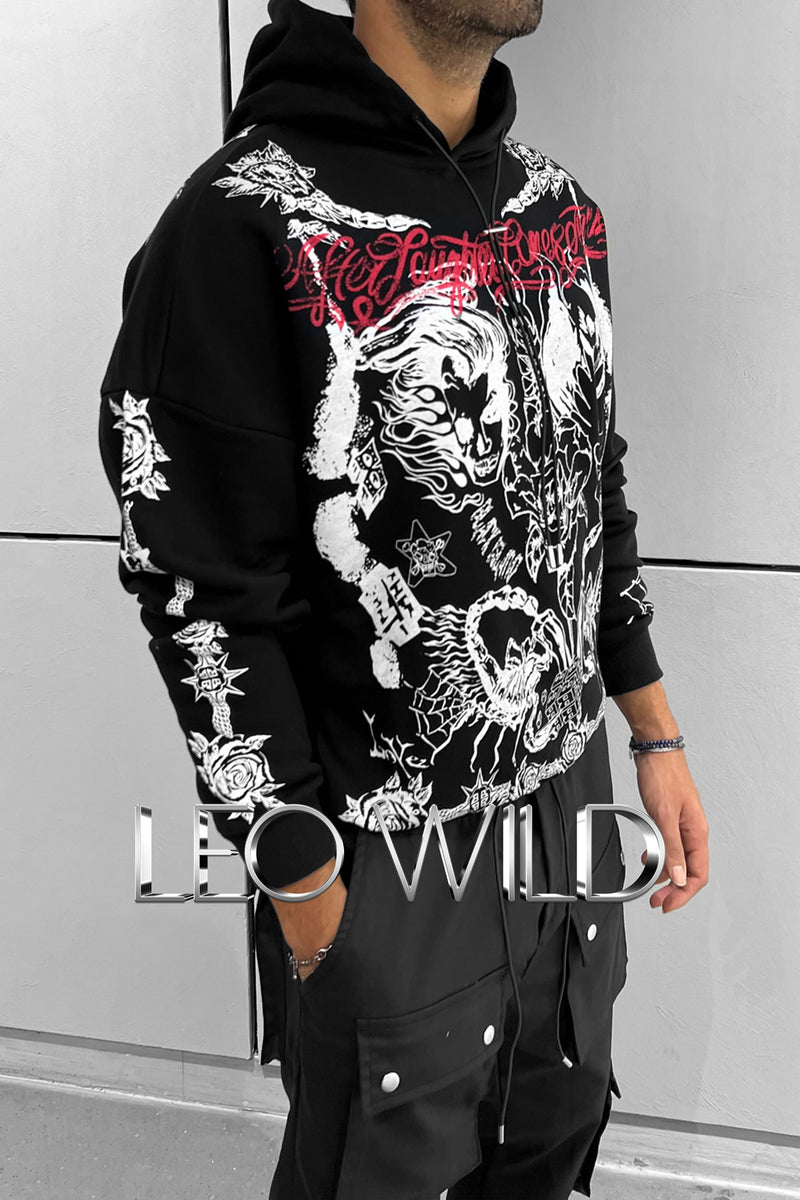 Black Graphic Hoodie for Men: Oversized Printed Men's Sweatshirt