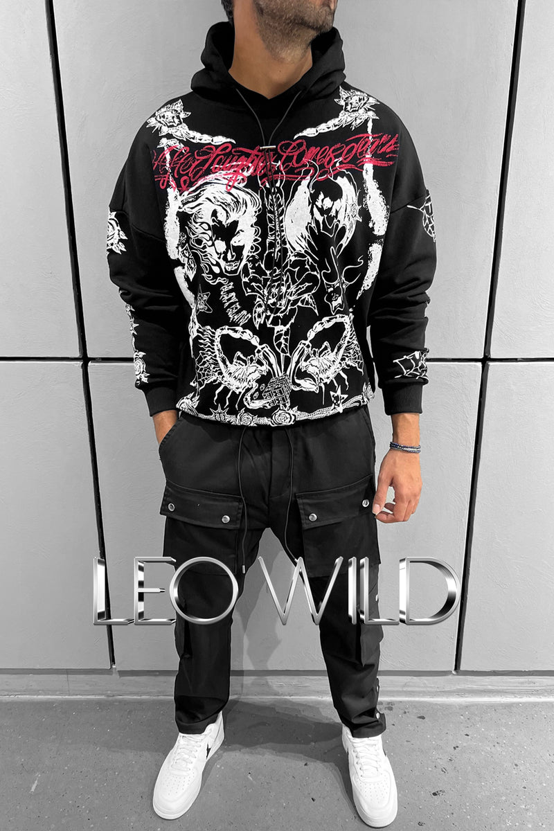 Black Graphic Hoodie for Men: Oversized Printed Men's Sweatshirt