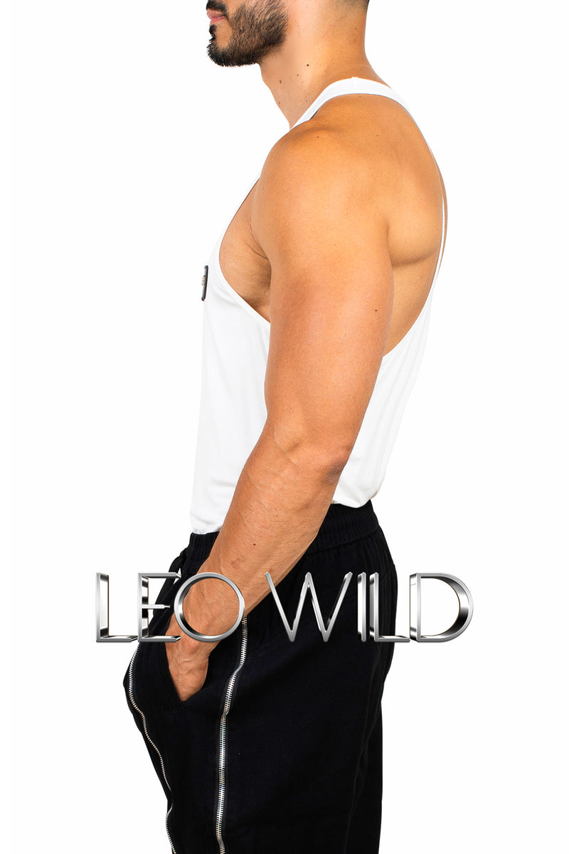 Men's Racer Back Tank Top: White Modal Sexy Top for Men