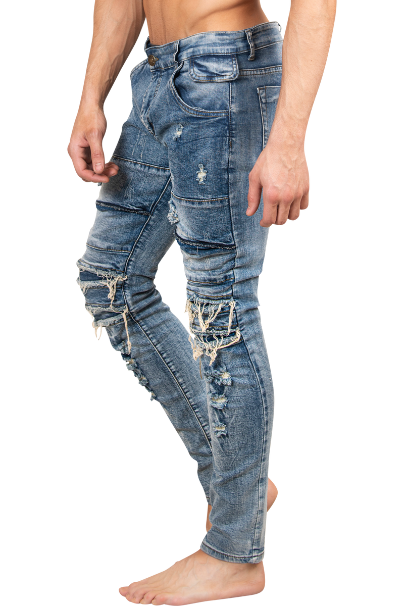 ZZZZMen's Skinny Jeans | Hand Distressed Blue Designer Denim Skinny Jeans for Men-Men's Pants-Men's Skinny Jeans | Hand Distressed Blue Designer Denim Skinny Jeans for Men | LEO WILD™-LEO WILD™ | Designer Clothing Boutique Online