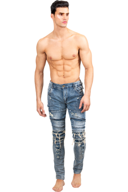 ZZZZMen's Skinny Jeans | Hand Distressed Blue Designer Denim Skinny Jeans for Men-Men's Pants-Men's Skinny Jeans | Hand Distressed Blue Designer Denim Skinny Jeans for Men | LEO WILD™-LEO WILD™ | Designer Clothing Boutique Online