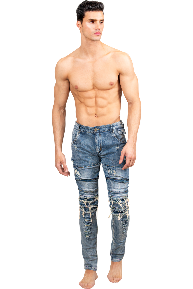 ZZZZMen's Skinny Jeans | Hand Distressed Blue Designer Denim Skinny Jeans for Men-Men's Pants-Men's Skinny Jeans | Hand Distressed Blue Designer Denim Skinny Jeans for Men | LEO WILD™-LEO WILD™ | Designer Clothing Boutique Online