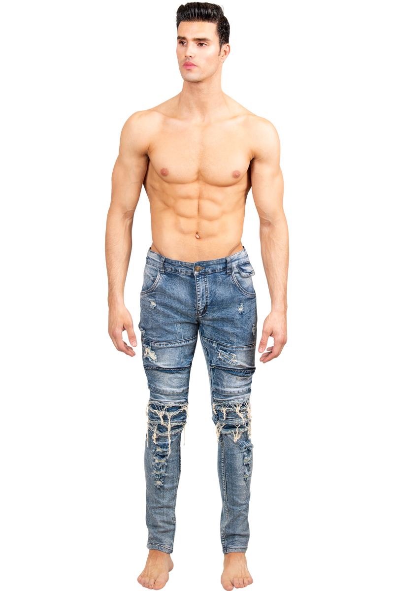 ZZZZMen's Skinny Jeans | Hand Distressed Blue Designer Denim Skinny Jeans for Men-Men's Pants-Men's Skinny Jeans | Hand Distressed Blue Designer Denim Skinny Jeans for Men | LEO WILD™-LEO WILD™ | Designer Clothing Boutique Online