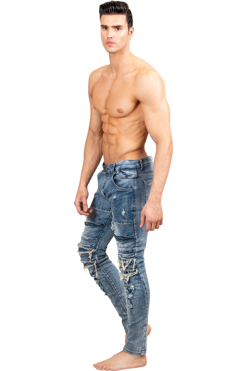 ZZZZMen's Skinny Jeans | Hand Distressed Blue Designer Denim Skinny Jeans for Men-Men's Pants-Men's Skinny Jeans | Hand Distressed Blue Designer Denim Skinny Jeans for Men | LEO WILD™-LEO WILD™ | Designer Clothing Boutique Online