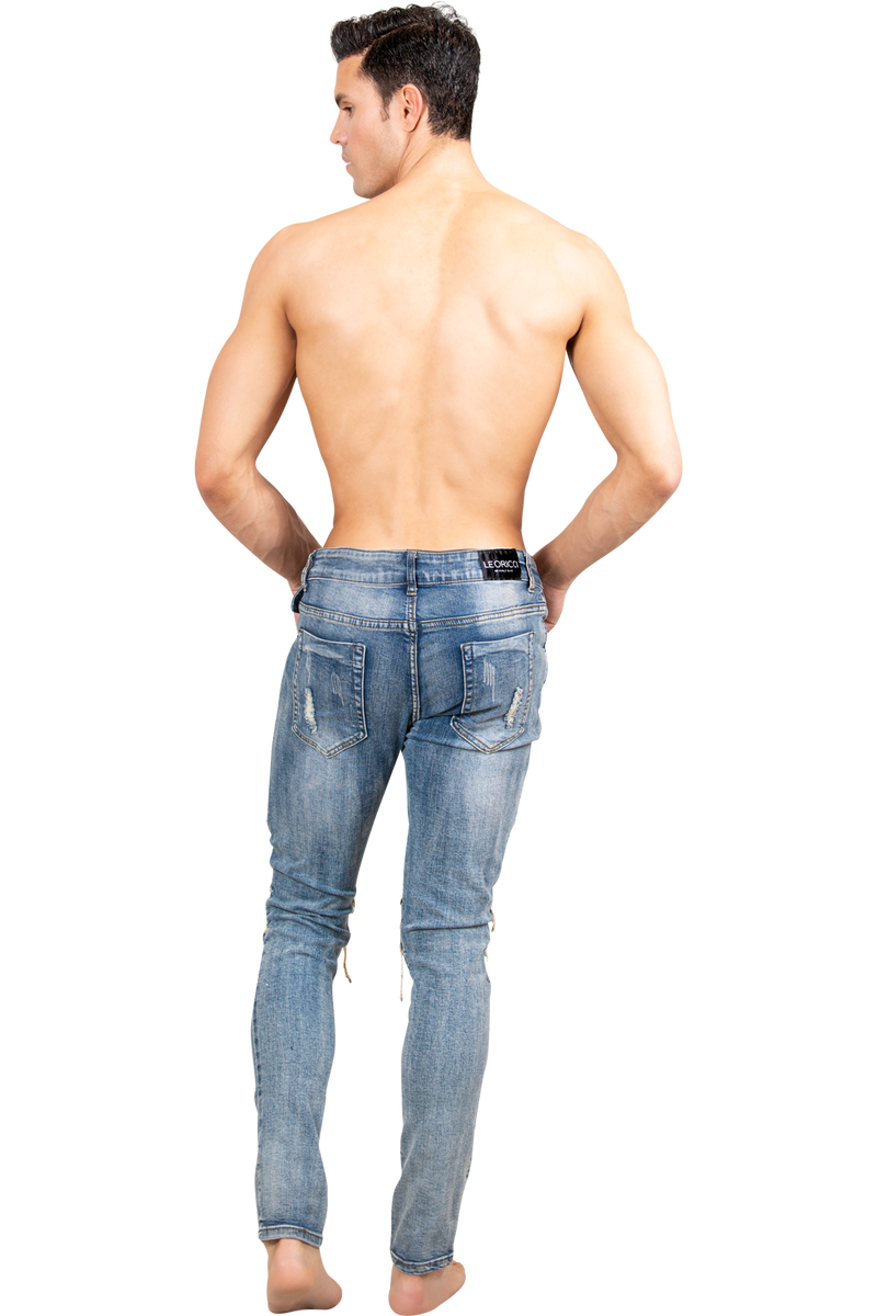 ZZZZMen's Skinny Jeans | Hand Distressed Blue Designer Denim Skinny Jeans for Men-Men's Pants-Men's Skinny Jeans | Hand Distressed Blue Designer Denim Skinny Jeans for Men | LEO WILD™-LEO WILD™ | Designer Clothing Boutique Online