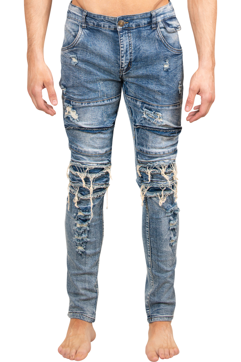 ZZZZMen's Skinny Jeans | Hand Distressed Blue Designer Denim Skinny Jeans for Men-Men's Pants-Men's Skinny Jeans | Hand Distressed Blue Designer Denim Skinny Jeans for Men | LEO WILD™-LEO WILD™ | Designer Clothing Boutique Online