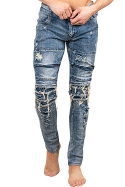 ZZZZMen's Skinny Jeans | Hand Distressed Blue Designer Denim Skinny Jeans for Men-Men's Pants-Men's Skinny Jeans | Hand Distressed Blue Designer Denim Skinny Jeans for Men | LEO WILD™-LEO WILD™ | Designer Clothing Boutique Online