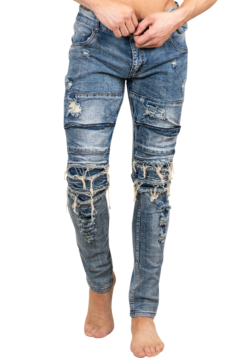 ZZZZMen's Skinny Jeans | Hand Distressed Blue Designer Denim Skinny Jeans for Men-Men's Pants-Men's Skinny Jeans | Hand Distressed Blue Designer Denim Skinny Jeans for Men | LEO WILD™-LEO WILD™ | Designer Clothing Boutique Online