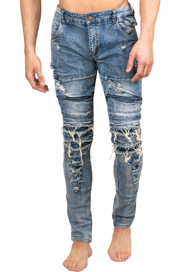 ZZZZMen's Skinny Jeans | Hand Distressed Blue Designer Denim Skinny Jeans for Men-Men's Pants-Men's Skinny Jeans | Hand Distressed Blue Designer Denim Skinny Jeans for Men | LEO WILD™-LEO WILD™ | Designer Clothing Boutique Online