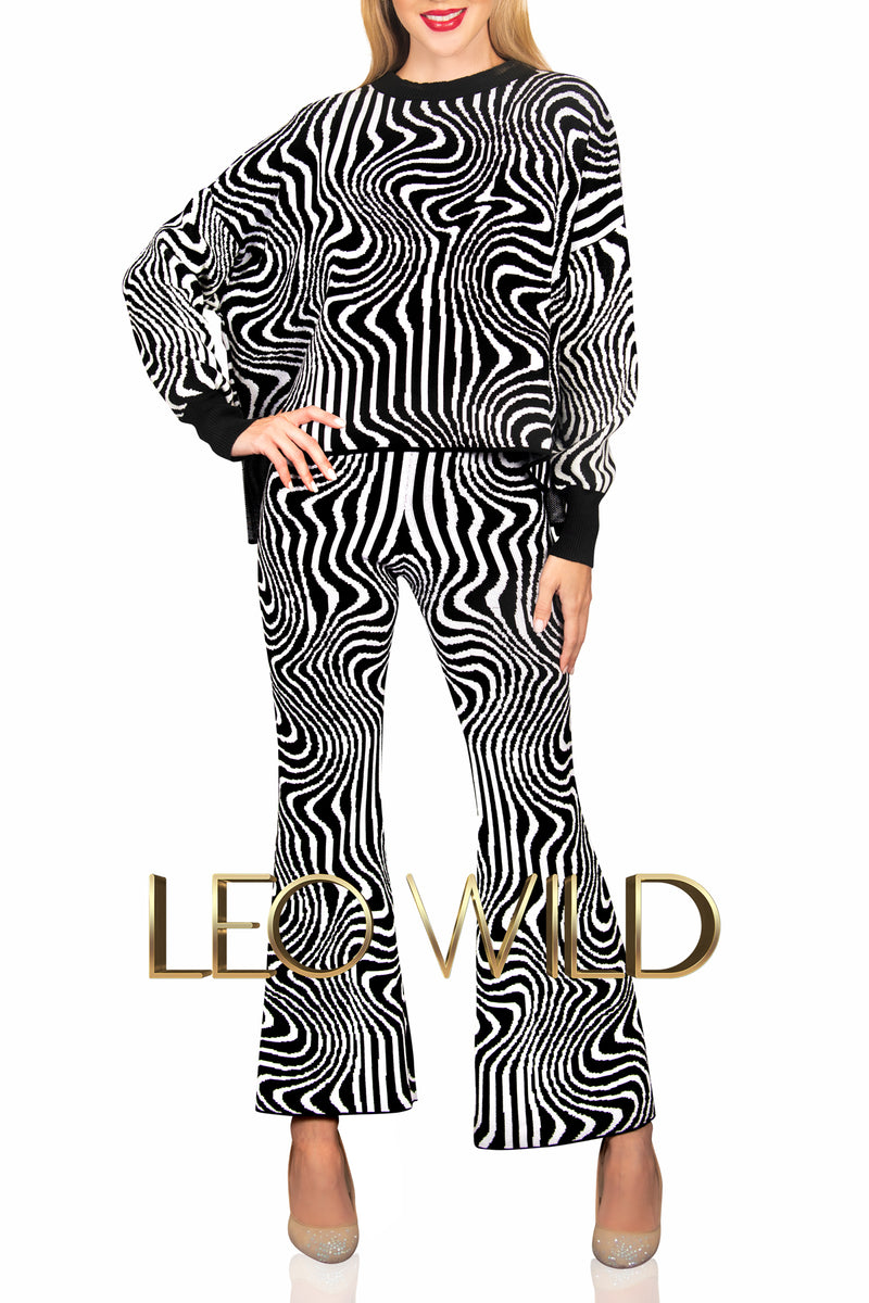 Two Piece Sweater Set: Black & White Women's Pants Suit