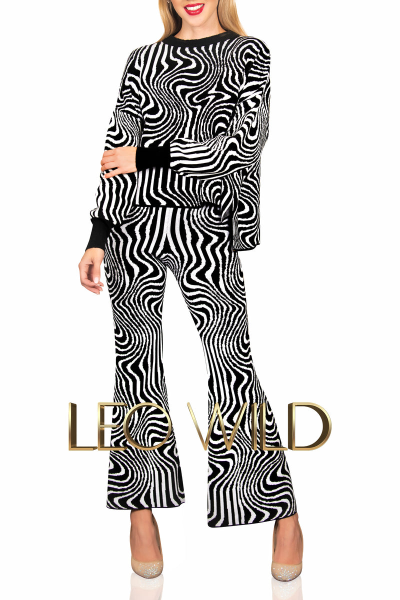 Two Piece Sweater Set: Black & White Women's Pants Suit