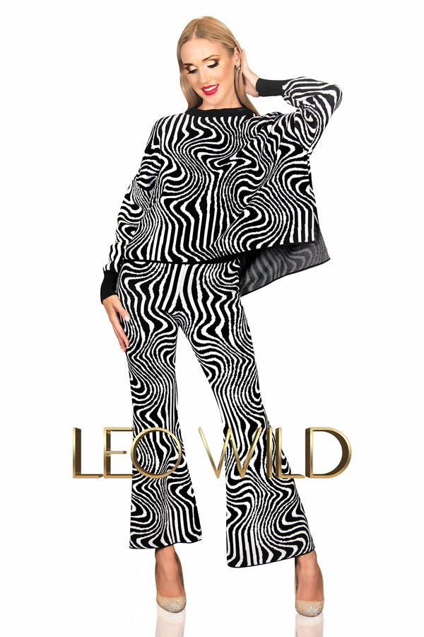 Two Piece Sweater Set: Black & White Women's Pants Suit