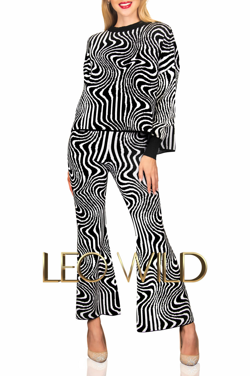 Two Piece Sweater Set: Black & White Women's Pants Suit