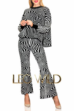 Two Piece Sweater Set: Black & White Women's Pants Suit